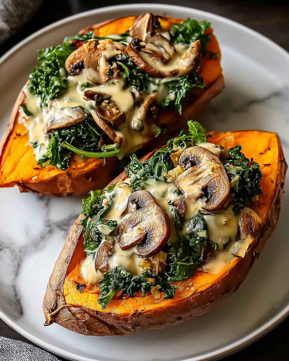 Creamy Mushroom and Spinach Stuffed Sweet Potatoes Recipe - Recipe Image