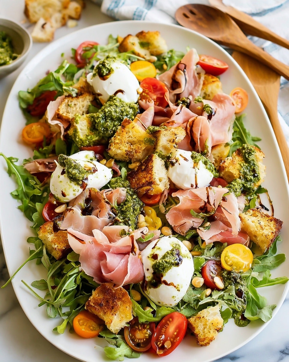Arugula Burrata Salad with Prosciutto, Pine Nuts, and Pesto Recipe - Recipe Image