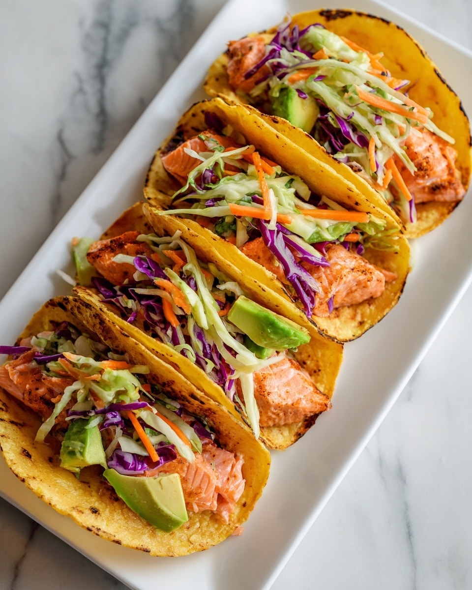 Grilled Salmon Tacos with Avocado Cabbage Carrot Slaw Recipe - Recipe Image